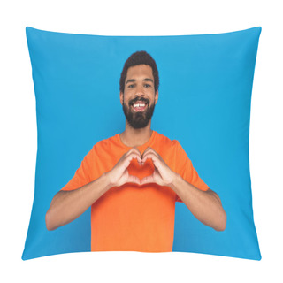 Personality  Happy And Bearded African American Man Showing Heart Sign With Hands Isolated On Blue Pillow Covers