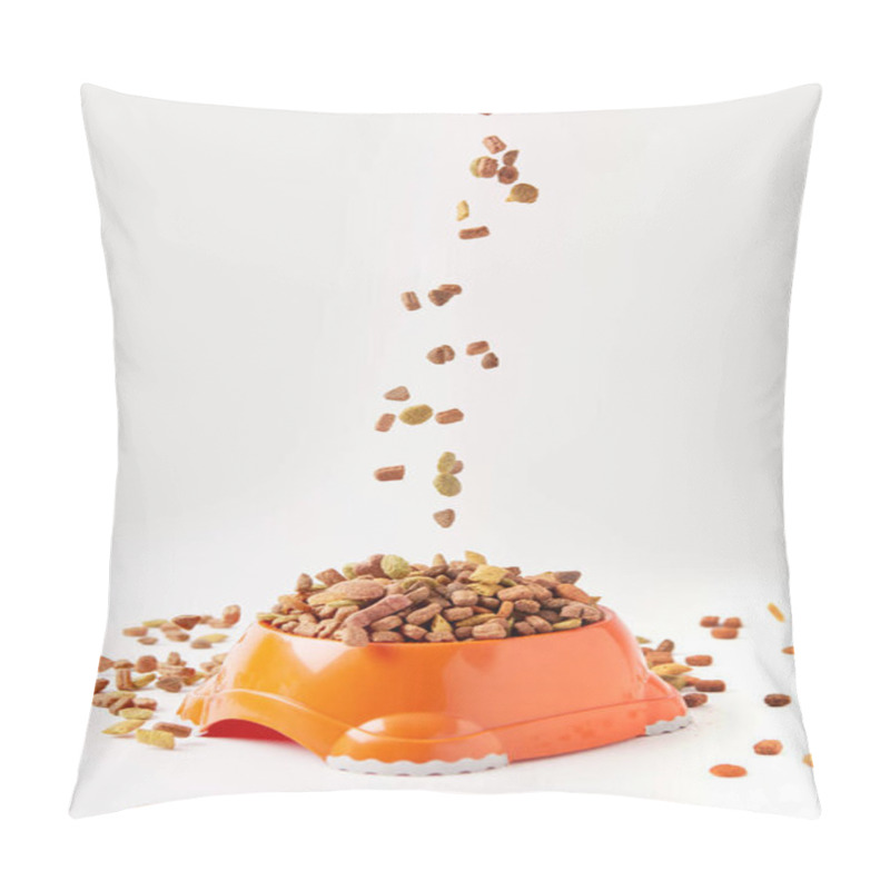 Personality  Close Up View Of Dog Food Granules Falling Into Plastic Bowl With Pet Food On White Pillow Covers