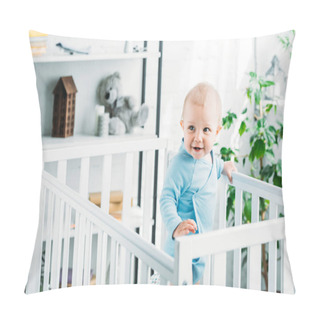 Personality  Happy Little Baby Standing In Crib At Home Pillow Covers