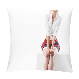 Personality  Cropped Shot Of Seductive Woman In White Shirt And Plaid Schoolgirl Skirt Sitting On White Cube Isolated On White Pillow Covers