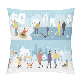 Personality  Active People In The Winter Park. Happy Family Walking And Ride Child On The Sled. People In The Park, Children Playing In The Park, Making Snowman, Skating, Playing Hockey, Walking Dog Cartoon Vector Pillow Covers