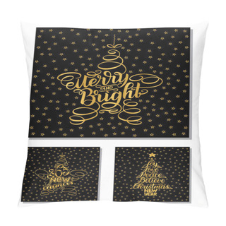 Personality  Set New Year Greeting Cards, Lettering Design. Vector Illustration Isolated On Black Background With Golden Stars And Letters. 365 New Chances, Merry And Bright, New Year And Christmas Wish Tree Pillow Covers