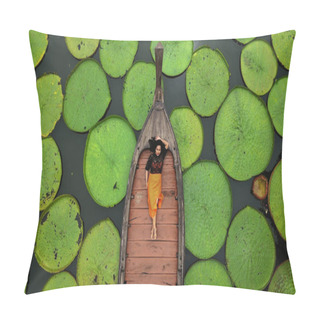 Personality  Aerial View Of An Asian Woman Relaxing On A Boat Outdoor On Lotus Pond At Phuket Thailand Pillow Covers