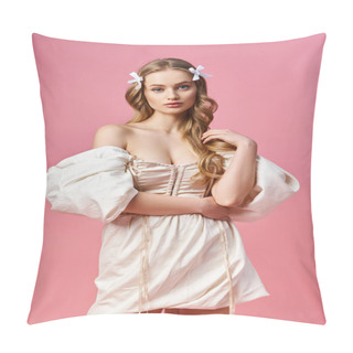 Personality  A Young Blonde Woman Exuding Elegance And Grace While Posing In A White Dress In A Studio Setting. Pillow Covers
