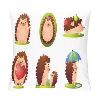 Personality  Set Of Cute Happy Forest Hedgehog In Different Situations. Vector Illustration In Flat Cartoon Style. Pillow Covers