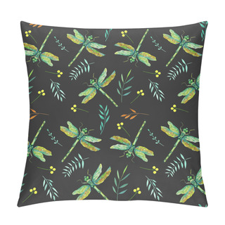 Personality  Seamless Pattern With Watercolor Green Dragonflies And Branches, Hand Painted On A Dark Background Pillow Covers