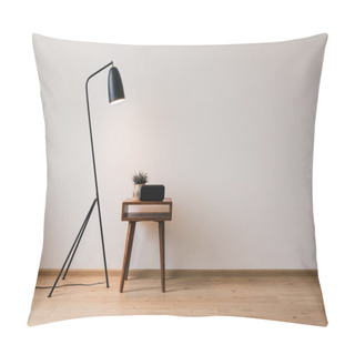 Personality  Metal Floor Lamp And Wooden Coffee Table With Plant And Clock With Blank Screen Pillow Covers