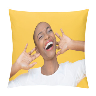 Personality  African American Woman Laughing With Joy Expressing Happiness And Fun On Yellow Background Pillow Covers