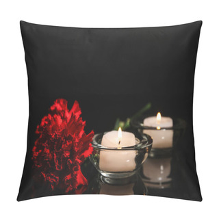 Personality  Burning Candles And Carnation Flower On Dark Background Pillow Covers