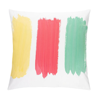 Personality  Top View Of Abstract Colorful Green, Yellow And Red Paint Brushstrokes On White Background Pillow Covers