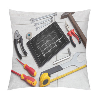 Personality  Tablet And Tools With Blueprint Concept Pillow Covers