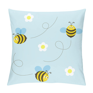 Personality  Bees Flying Over The Flowers. Flat Design. Vector Illustration. Pillow Covers