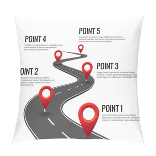 Personality  Road Infographic. Curved Road Timeline With Red Pins Checkpoint. Strategy Journey Highway With Milestones Concept Pillow Covers