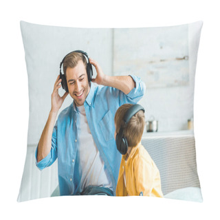 Personality  Handsome Smiling Father With Preschooler Son In Headphones Listening Music At Home  Pillow Covers