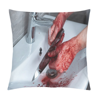 Personality  Cropped View Of Killer Washing Knife In Sink After Murder Pillow Covers