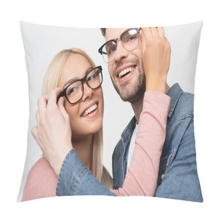 Personality  Smiling Couple Looking At Camera While Touching Eyeglasses Of Each Other Isolated On Grey Pillow Covers