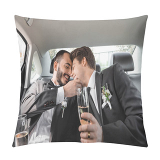 Personality  Carefree Homosexual Groom Touching Face Of Young Boyfriend In Braces And Elegant Suit With Boutonniere And Holding Champagne While Sitting On Backseat Of Car Pillow Covers