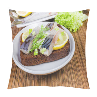 Personality  Open Sandwich With Slices Of Salted Atlantic Mackerel, Dill And Lemon On Brown Bread, Sprinkled With Chopped Green Onion On Saucer On A Bamboo Table Mat Close-up At Selective Focus Pillow Covers