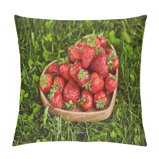 Personality  Fresh Strawberries In Wooden Heart Shaped Plate On Green Grass  Pillow Covers