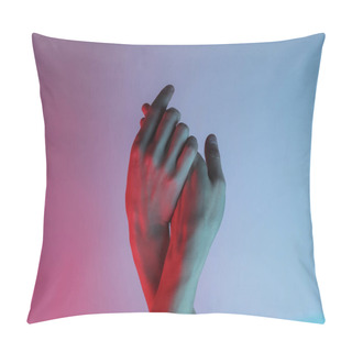 Personality  Women's Hands. Neon Blue-red Light. Mystical Light, Halloween Theme. Retro Wave 80s Pillow Covers