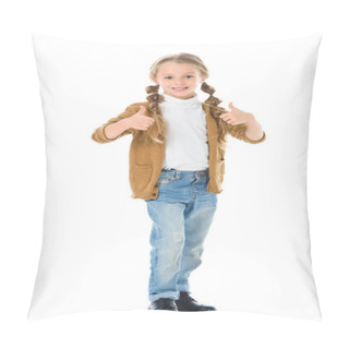 Personality  Child In Autumn Outfit Showing Thumbs Up, Isolated On White Pillow Covers