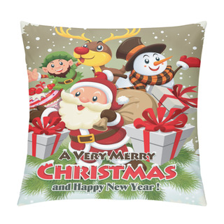 Personality  Vintage Christmas Poster Design With Santa Claus, Snowman, Elf & Deer Pillow Covers