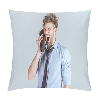 Personality  Overworking Businessman With Messy Hair Yelling In Shoe As Phone Isolated On Grey  Pillow Covers