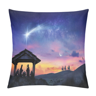 Personality  Nativity Of Jesus Scene With The Holy Family With Comet At Sunrise Pillow Covers