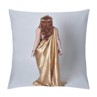 Personality  Full Length Portrait Of Girl With Red Hair Wearing Long Grecian Toga And Golden Wreath. Standing Pose With Back To The Camera,  Isolated Against A Grey Studio Background. Pillow Covers