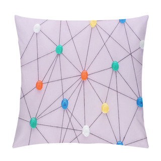 Personality  Top View Of Push Pins Connected With Strings Isolated On Pink, Network Concept Pillow Covers