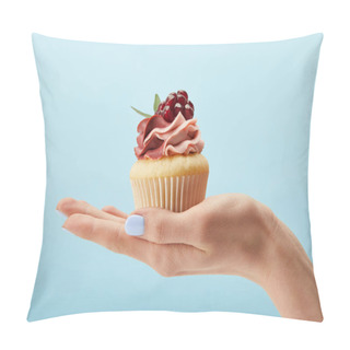 Personality  Partial View Of Woman Holding Cupcake With Cream Isolated On Blue Pillow Covers
