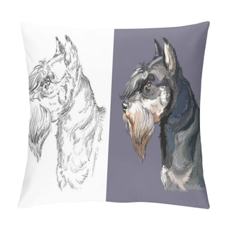 Personality  Realistic Head Of Miniature Schnauzer. Vector Black And White And Colorful Isolated Illustration Of Dog. For Decoration, Coloring Book Pages, Design, Prints, Posters, Postcards, Stickers, Tattoo. Pillow Covers