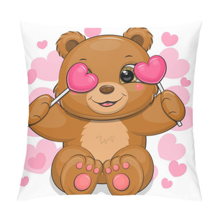 Personality  Cute Cartoon Brown Bear With Hearts. Vector Illustration Of Animals On A White Background With Many Pink Hearts. Pillow Covers