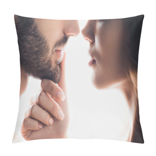 Personality  Cropped View Of Sensual Woman Gently Touching Boyfriend Isolated On White Pillow Covers