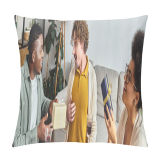 Personality  Cheerful Multiracial Relatives Smiling And Talking Actively And Exchanging Gifts, Christmas, Banner Pillow Covers