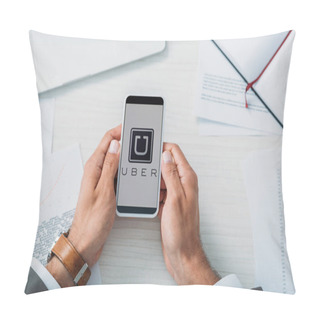 Personality  Top View Of Man Holding Smartphone With Uber Website Pillow Covers