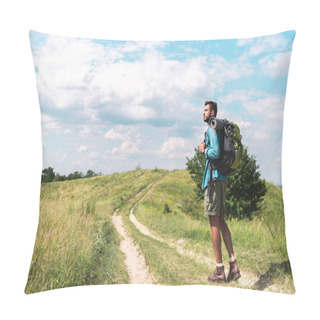 Personality  Handsome Traveler With Backpack Walking On Green Meadow With Beautiful Sky Pillow Covers