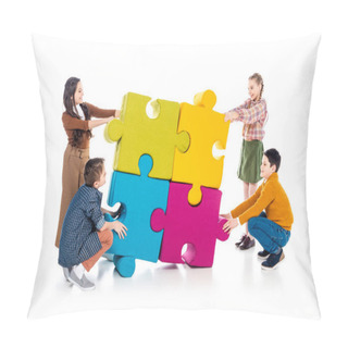 Personality  Happy Kids Playing With Jigsaw Puzzle Pieces On White  Pillow Covers