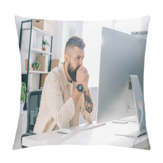 Personality  Thoughtful Businessman With Clenched Hands Sitting At Computer Desk Pillow Covers