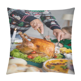 Personality  Partial View Of Senior Man Cutting Traditional Thanksgiving Turkey Near Blurred Granddaughter Pillow Covers