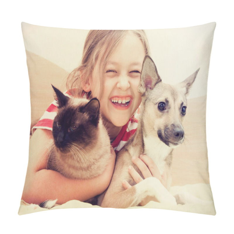 Personality  child hugging a cat and dog  pillow covers