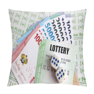 Personality  Green Lottery Tickets And Indonesian Money Bills On Blank With Numbers For Playing Lottery Close Up Pillow Covers