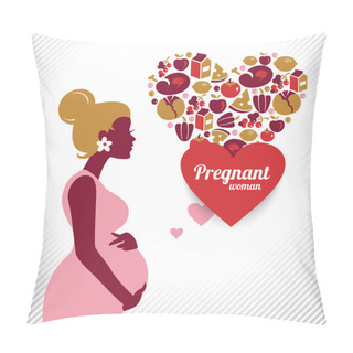 Personality  Pregnant Woman Silhouette. Heart Shape With Vector Food Icons Pillow Covers