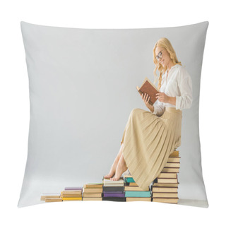Personality  Attractive Smiling Barefoot Woman In Glasses Sitting On Steps Made Of Books   Pillow Covers