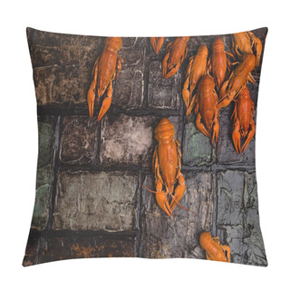 Personality  Top View Of Delicious Lobsters On Brick Wall Surface   Pillow Covers