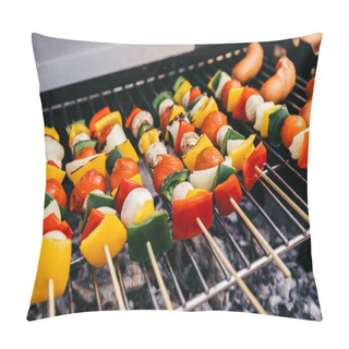 Personality  Summer Vegetables With Mushrooms On Skewers And Sausages Grilled For Outdoors Barbecue Pillow Covers
