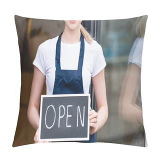 Personality  Cropped View Of Smiling Waitress Holding Signboard With Open Lettering Near Cafe On Urban Street  Pillow Covers