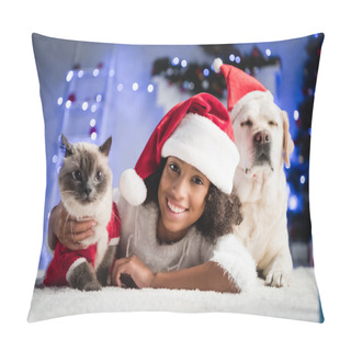 Personality  Happy African American Girl In Santa Hat Lying On Floor Near Labrador And Cat On Blurred Background Pillow Covers