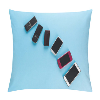 Personality  Top View Of Vintage Mobile Phones And Modern Smartphones On Blue, Evolution Concept  Pillow Covers