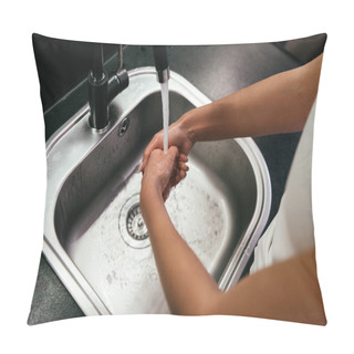 Personality  Cropped View Of Woman Washing Hands In Sink In Kitchen During Quarantine Pillow Covers
